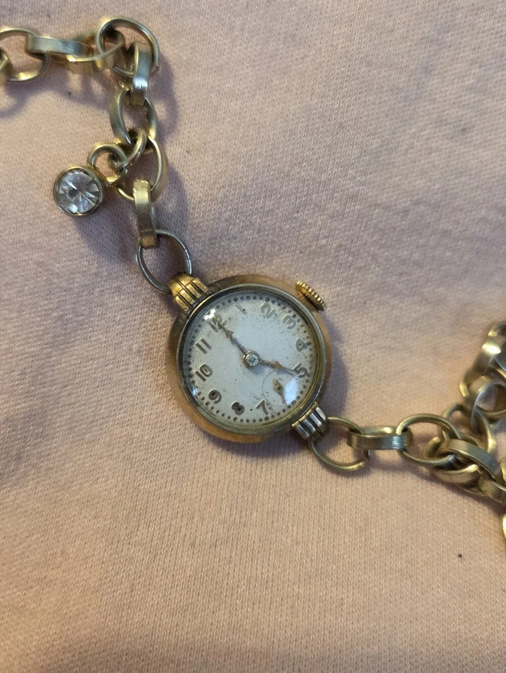 Vintage Gold Tone Charm Bracelet Watch with Heart Charm & Toggle Clasp, Mid-Cent